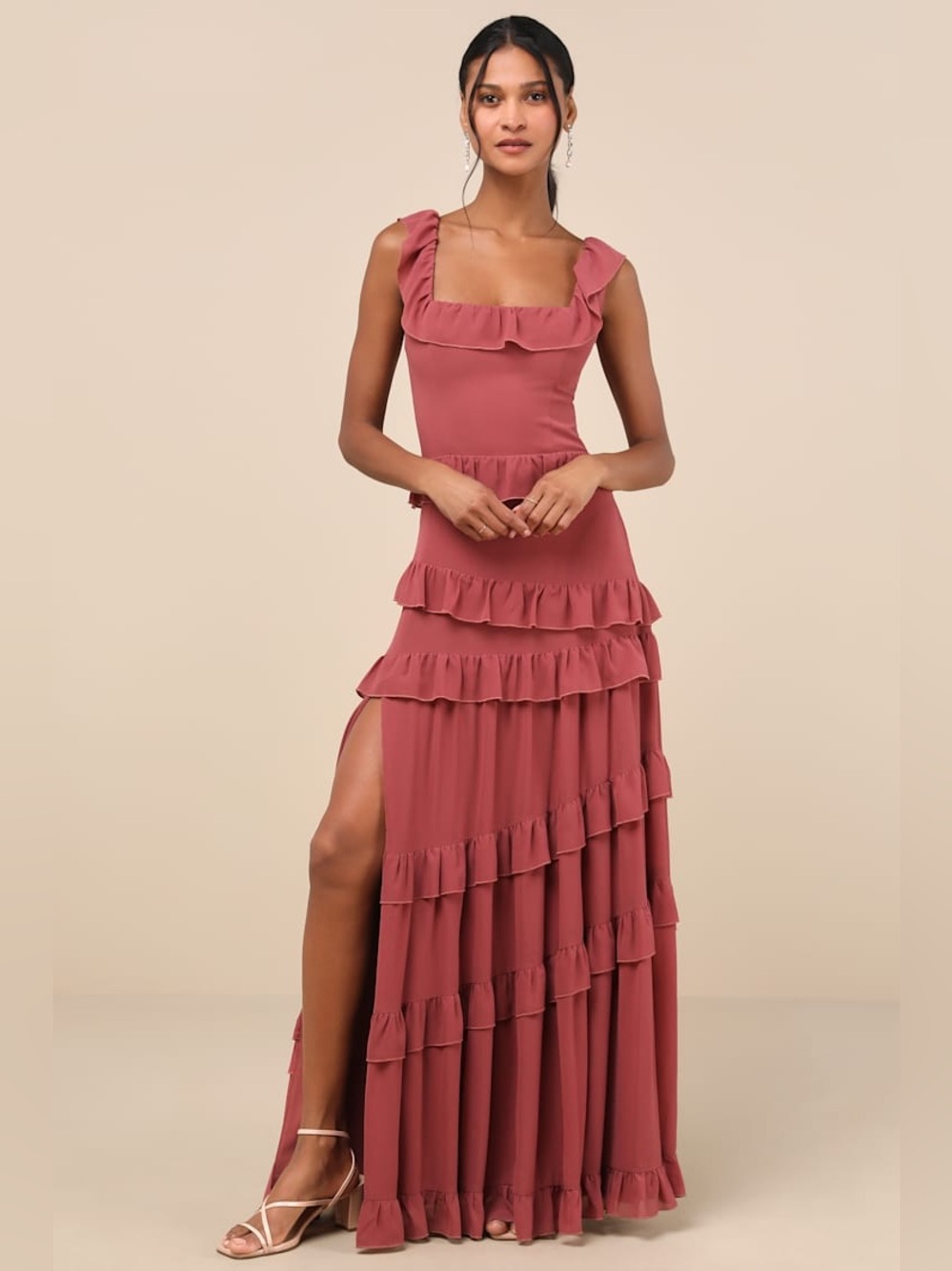 NWT Lulus Compelling Romantic Rusty Rose Ruffled Tiered Maxi Dress